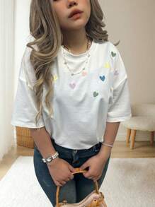 SHEIN CURVE+ Plus Size Women Summer Round Neck Short Sleeve Casual T-Shirt With Heart Embroidery Design - White - View 4