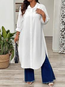 Calvaya 大码女式纯色休闲 3/4 袖长衬衫 - 白色 - 查看 6