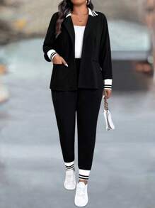 SHEIN LUNE 大码女式撞色领口和袖口长袖夹克和裤子套装
