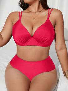 SHEIN Swim Curve 大尺碼女款兩件式高腰素色抓皺硬杯鋼圈泳衣套裝，可調節肩帶，優雅時尚性感休閒，適合夏季海灘度假假期風格 - 西瓜粉 - 查看 3