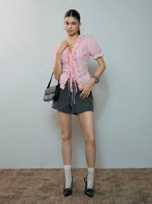 SHEIN MOD Kurze Sommer-Shorts mit grauem Kontrastfarbengürtel und niedriger Taille - Grau - Übersicht 7