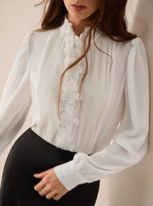 Chiquease White Elegant Women Chiffon Shirt,Exquisite Decorative Floral Design,Stand Collar,Princess Sleeves,Autumn Tea Party High-End Formal Cloth - White - View 4