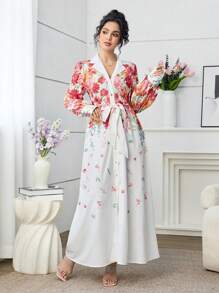 SHEIN Najma Elegant Placement Floral V-Neck Button Up Young Fashion Women Dress - Multicolor - View 5