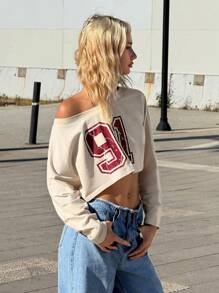SHEIN ICON Maglietta oversize casual da donna con stampa numerica, maniche lunghe, crop top asimmetrico con spalla scoperta - Beige - Visualizzare 3