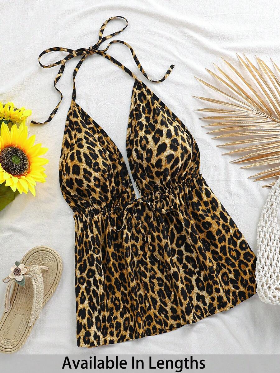 SHEIN PETITE CURVE 娇小女士休闲露背系带豹纹吊带背心，夏季女士适用