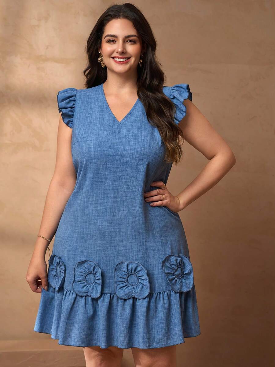 Chikora 大码女式V领荷叶边下摆盖袖A字连衣裙 - 藍色 - 查看 1