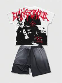 ROMWE MEN Street Life 2pcs Men Gothic Portrait, Star, Pentagram Printed Short Sleeve T-Shirt And Sport Shorts, Halloween - Multicolor - View 5