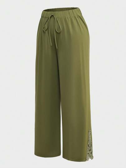 Lacomfia Plus Size Solid Color Twist Knot Detail Casual Loose Pants Fall Cloth For Women