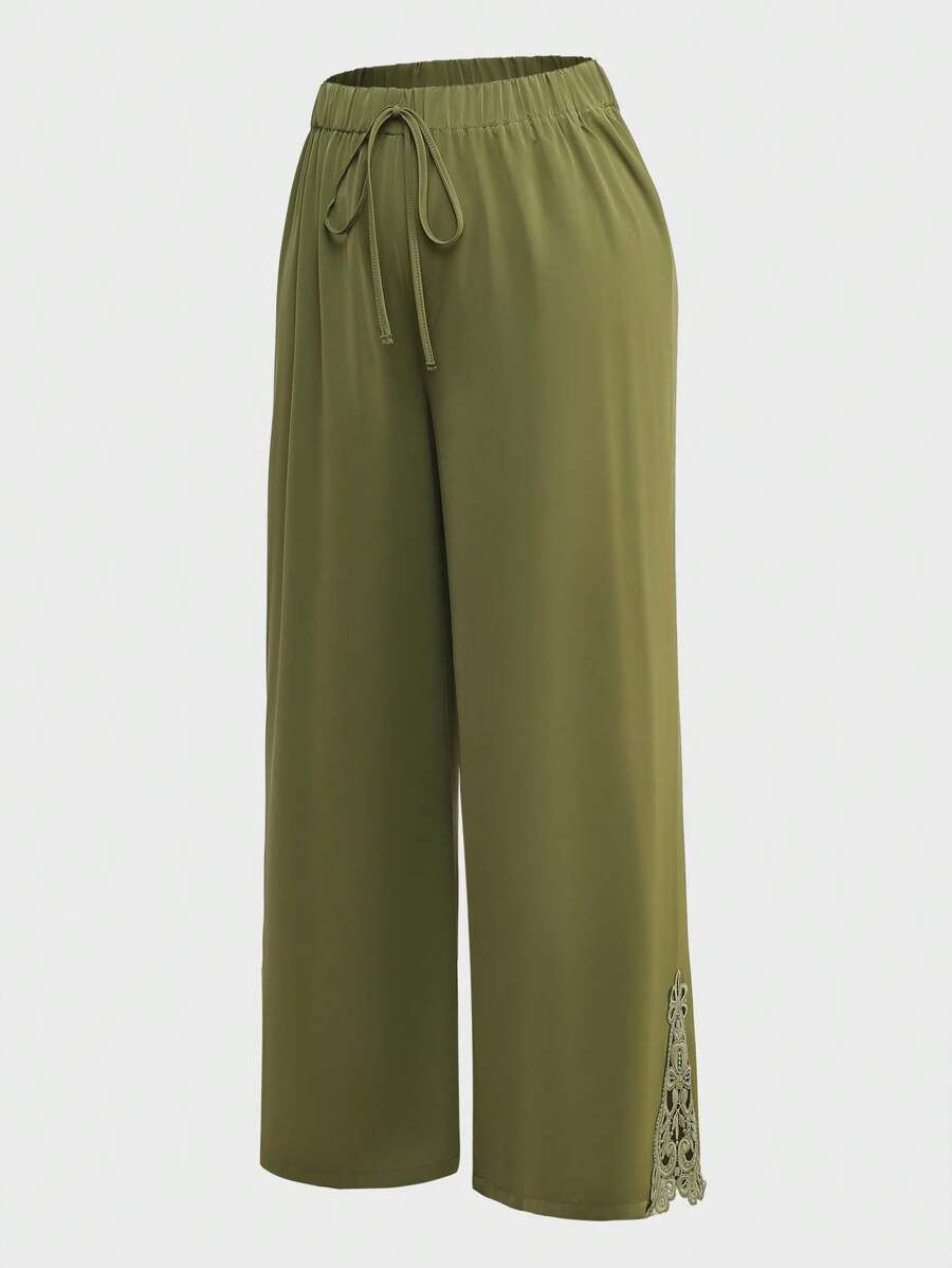 Lacomfia Plus Size Solid Color Twist Knot Detail Casual Loose Pants Fall Cloth For Women - Green - View 1