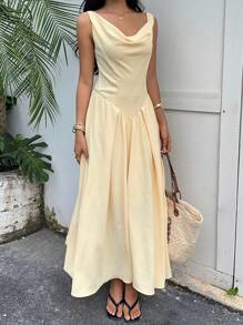 SHEIN EZwear Vestido largo elegante de mujer con pliegues, sin mangas, con cuello fruncido y color liso para el verano - Amarillo - Ver 4