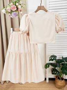 2pcs/Set Tween Girl Print Puff Sleeve Shirt With Asymmetrical Button Skirt, Comfortable Spring/Summer Vacation Outfit