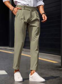 Manfinity Bizformal 男士纯色褶皱直筒休闲裤 - 薄荷綠 - 查看 6