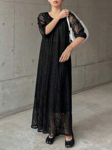 FRIFUL Women's Black Long A-Line Dress, Elegant Puff Sleeve Summer Dress Sundress