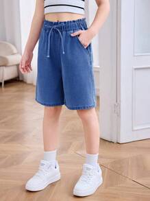 SHEIN Tween Girl Spring Summer Basic Casual High Waisted Loose Fit Ruffle Waist Drawstring Denim Shorts With Bowknot And Rolled Hem Pockets, Summer Beach Boho Vacation Comfortable Shorts, Summer Rave Concert Festival College Style - Dark Wash - View 6