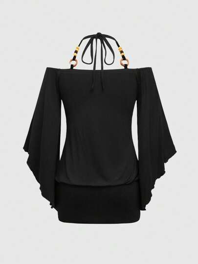 Hippie Vintage Loose Off-Shoulder Wood Beads Decor Batwing Sleeve Bodycon Mini Dress