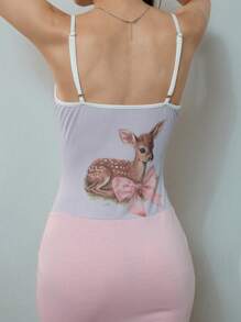 SHEIN MOD Pink Contrast Trim Back Graphic Decorated Fish Tail Dress - Pink - View 6