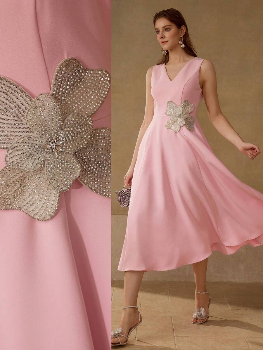 MOTF PREMIUM APPLIQUES FLOWY DRESS - Pink - View 1