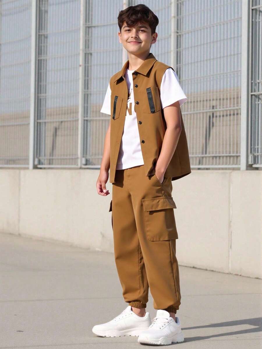 SHEIN 3 Pieces Teen Boys Vest And Short Sleeve Set - Brown - View 1