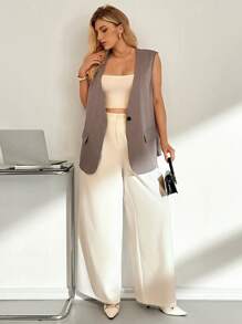 Auralis 大码女装秋冬时尚休闲宽松舒适卡其灰色基本款西装背心夹克，秋季女装，工作服，女式西装背心，冬季女装，教师服，老款，商务休闲 - 卡其色 - 查看 2