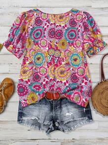 SHEIN LUNE Áo sơ mi nữ cỡ lớn in hoa cổ tròn tay phồng kiểu dáng thường ngày, áo kiểu Boho, áo kiểu Boho họa tiết hoa, áo kiểu Boho cho nữ mùa thu, áo kiểu học sinh, áo kiểu đồng quê cho nữ giáo viên, áo kiểu đồng quê - Nhiều màu - Xem 2