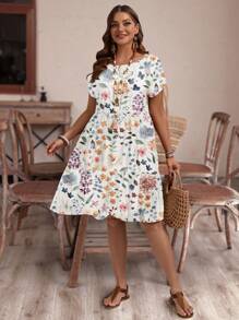 EMERY ROSE Vestido de verano para mujer de talla grande con cuello redondo y mangas raglán - Blanco - Ver 6