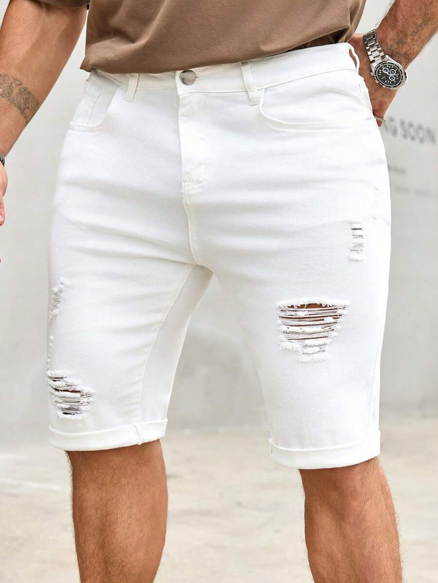 Manfinity Homme Men's Solid Color Ripped Pocket Casual Denim Shorts, Summer Men S Ripped Shorts Distressed Shorts Men - White - View 1