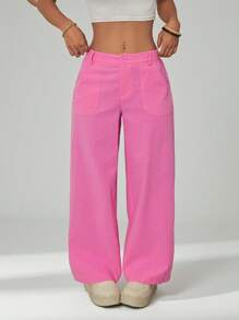 SHEIN PETITE Pantalones casuales y versátiles de unicolor, de pierna ancha y sueltos con bolsillos para mujer - Rosa Fucsia - Ver 3