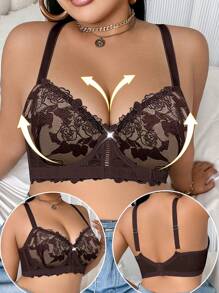 SHEIN 1pc Plus Size Embroidered Support Underwire Bra - Coffee Brown - View 3