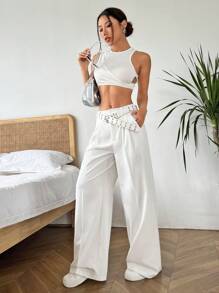 SHEIN EZwear Pantalones Holgados Y Plisados De Color Sólido Para Mujer - Blanco - Ver 6