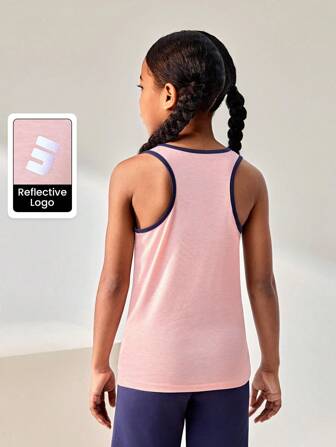 JNSQ Back To School Tween Girl Clothes, Professional Sports Top, Children's Round Neck Patchwork Contrast Color 3M Reflective Print Professional Outdoor Sports Top