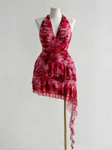 Sunspun 大码女式无袖花卉印花连衣裙，不对称荷叶边下摆，度假风格 - 彩色 - 查看 1