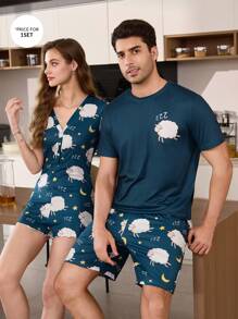 SHEIN 可爱卡通绵羊印花休闲圆领短袖短裤男士睡衣套装 - 藏蓝色 - 查看 7