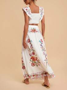 Travachic 2pcs/Set Women Floral Print Square Neck Top And Mini Skirt,Vacation,Vacation Style,Vacation Outfits Woman,Two Pieces Set Women,Beachwear,Spring And Summer,Easter,Holiday Outfits,Beach Outfits For Woman,Spring Break,Vacation Outfits Women,Concert Outfit Women,BOHO,Bohemia,Music Festival