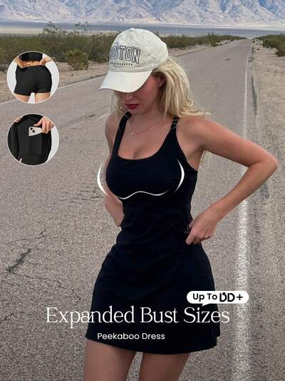 FeatherFit™-Air No Sweat Peekaboo Built-In Shorts Side Pockets Non-Slip Removable Cups Adjustable Wide Straps Active Dress Low Impact Yoga Pilates Barre Studio Daily Casual Wear