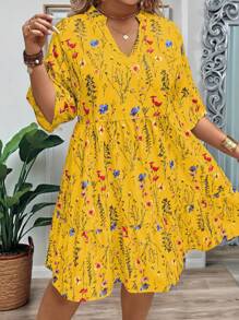 EMERY ROSE Plus Size Women Branch & Floral Print V-Neck Ruffled Hem Loose Shift Dress For Summer - Yellow - View 5