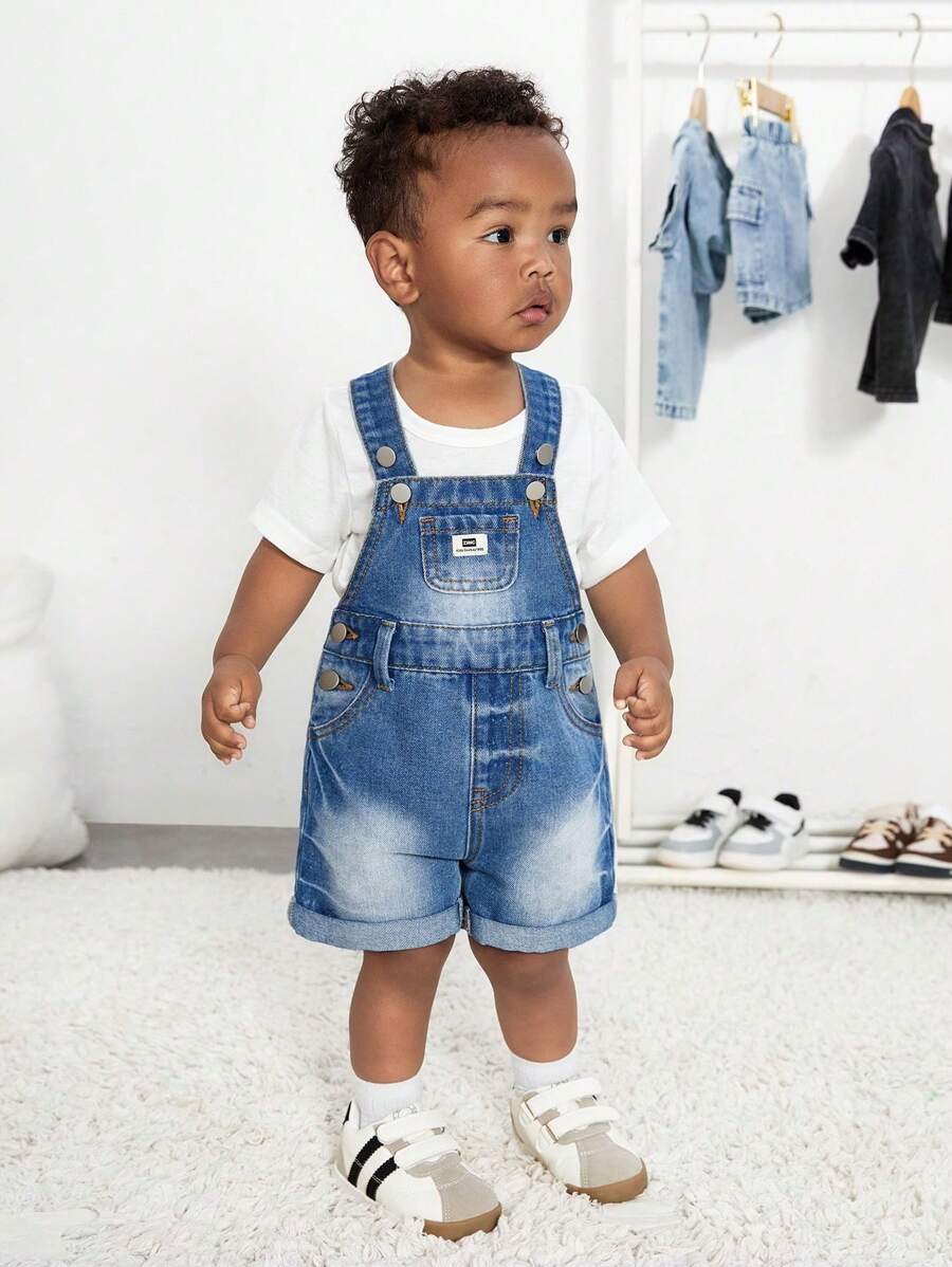 Denimly Toddler Boys Casual Daily Urban Street Style Distressed Design Comfortable Washed Denim Bib Shorts - Medium Wash - View 1