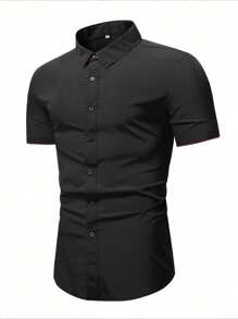 Manfinity Mode Áo sơ mi nam tay ngắn cổ bẻ phối màu công sở thường ngày, áo sơ mi nam công sở mùa hè - màu đen - Xem 3