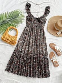 Soleia WYWH 女士度假 V 领 A 字中长连衣裙、雪纺 A 字盖袖连衣裙、夏季连衣裙、浪漫婚礼季节服装、午餐