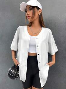 Muchica Women's Casual Minimalist Pentagram Print Loose Open Front Short Sleeve Shirt Baseball Jacket, Suitable For Summer - Multicolor - View 4