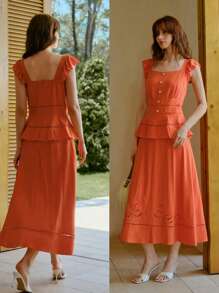 MOTF PREMIUM SWEETHEART NECK RUFFLE ARMHOLE PEPLUM WAIST LASER CUT DRESS