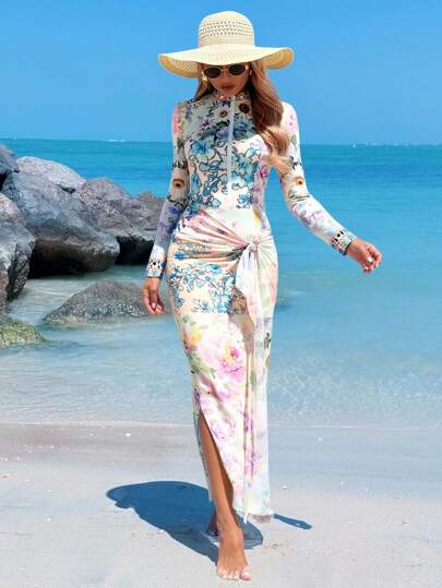 Swim Mulvari 2pcs Women Floral Patchwork Rhinestone Pattern Palace Style Swimsuit, Elegant Boho Casual For Spring/Summer Holiday, Beach Holiday, Party Beige