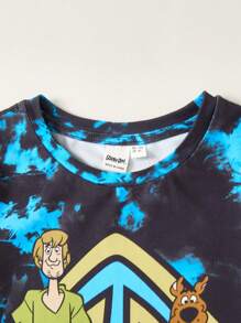 SCOOBY-DOO X SHEIN Outfit casual in stile sportivo per ragazzo giovane con maglietta a maniche corte con stampe di cartoni animati e tie-dye e pantaloncini