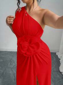 Elenzga Plus Size Women 3D Floral Print Asymmetric Neckline Dress - Red - View 5