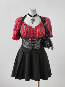 Flirla Camisa con estampado de cuadros al estilo rave combinada con vestido corto plisado - Multicolor - Ver 2