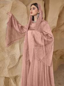 Al Najma Bộ đồ phối lưới sequin thanh lịch kiểu mới cho nữ kèm áo khoác dài tay và váy - Bụi hồng - Xem 1