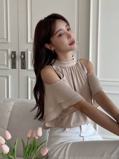 DAZY 冷肩鑲孔後背上衣