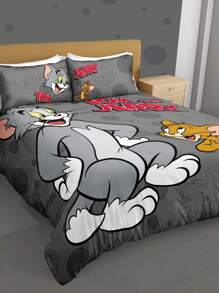 TOM & JERRY X SHEIN Bộ chăn ga gối đệm họa tiết hoạt hình 3 món, chất liệu chải, mềm mại và ấm áp, màu xám, có nhiều kích cỡ cho giường đơn/giường đôi/giường Queen/giường King dùng để trang trí phòng ngủ - Xám - Xem 2