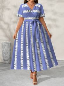 Lacomfia Elegantes Damen Große Größen Lässig Kleid mit Floral- und Streifenmuster, V-Ausschnitt und Kurzarm