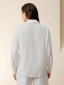 Anewsta Women's Oversized Pearl Trim Loose Modern Fashion Blouse - White - View 3