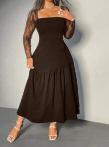Viva Relle 大码蕾丝袖宽A喇叭纯色连体裤连衣裙 - 棕色 - 查看 4